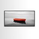 Lone Red Boat, coastal wall art, seascape painting, nautical decor, minimalist art, black and white photography, above couch art, Framed Canvas Print