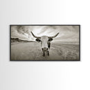 Longhorn, beach, western decor, rustic art, farmhouse art, extra wide art, above sofa art, panoramic painting, framed canvas print