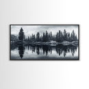 Pine tree reflection, moody art, mountain painting, pine tree art, rustic decor, panoramic art, extra wide art, framed canvas print
