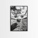 Texas Longhorn Close-up, bull and bear art, western decor, farmhouse art, rustic wall art, cowboy painting, framed canvas print