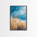 Wheat Field, blue sky, golden harvest, windy landscape, nature wall art, rustic decor, framed canvas print, farmhouse wall art