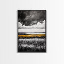 Moody Landscape, dramatic clouds, black and white, gold fields, panoramic art, rustic decor, framed canvas print, extra wide art