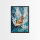 Wooden Boat in Waves, nautical painting, coastal decor, ocean waves art, seascape painting, framed canvas print, living room art, rustic art