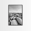 Stone beach, coastal landscape art, black and white art, wabi sabi wall art, minimalist art, nature photography, framed canvas print