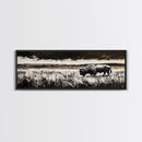 Bison painting, rustic art, black and white wall art, moody art, western decor, panoramic painting, extra wide art, framed canvas print