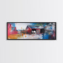Abstract Barn, barn landscape oil painting, farmhouse art, rustic wall art, extra wide art, framed canvas print, colorful decor