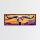 Longhorn Skull, southwest wall art, bull and bear art, pink orange wall art, extra wide art, Framed Canvas Print, rustic decor