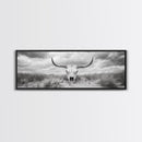 Longhorn Skull, skull art, western wall art, rustic decor, moody art, desert painting, farmhouse art, panoramic art, framed canvas print