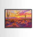 Desert Cactus Sunset Painting Framed Canvas Print, Western Decor, Southwest Wall Art, Arizona Painting, Landscape Painting, Farmhouse Decor