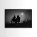 Cowboys Under A Full Moon, Framed Canvas Print, Black and White Western Photography, Wild West Art, Western Decor, Farmhouse Country Art