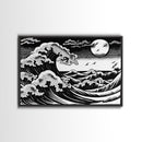 Black and White Wave Canvas Print, Hokusai Inspired Wall Art, Woodblock Print Style, Wall Art, Vintage Style Wall Art