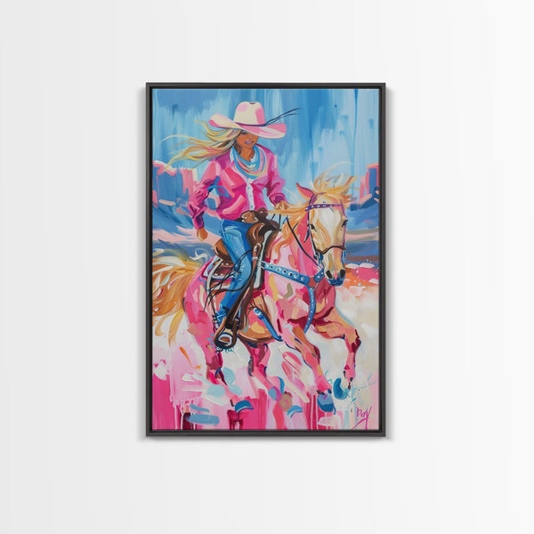 Dynamic Cowgirl and Horse - Colorful Western Art, Framed Canvas Print, Living Room Decor, Cowgirl Painting, Vibrant Wall Art, photo 2 of 6