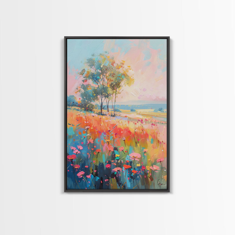 Blossoming Meadow with Trees - Framed Canvas Print, Peaceful Living Room Art, Serene Bedroom Decor, Vibrant Flower Art, Wall Art