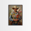 Smiling Cowboy with Flowers - Framed Canvas Print, Country Living Room Art, Rustic Bedroom Decor, Cowboy Art, Wall Art