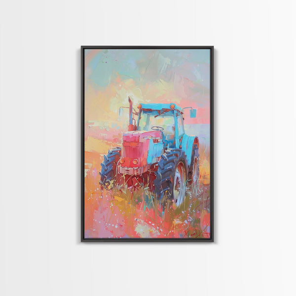 Colorful Tractor in Pastel Field - Framed Canvas Print, Farmhouse Living Room Art, Rustic Bedroom Decor, Rural Art, Wall Art, photo 2 of 6