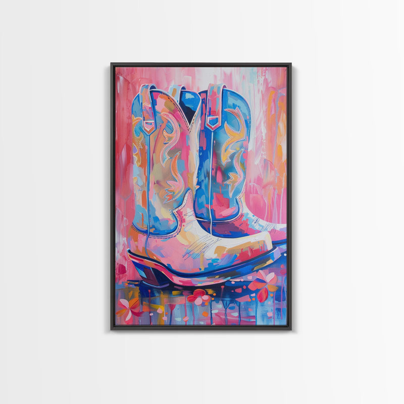 Blue and Pink Cowboy Boots with Floral Background - Framed Canvas Print, Rustic Western Wall Art, Vibrant Boot Art for Home Decor