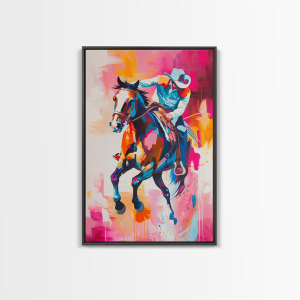 Colorful Cowboy Riding Horse Art - Framed Canvas Print, Vibrant Western Decor, Unique Living Room Wall Art, Home Decor, photo 2 of 6