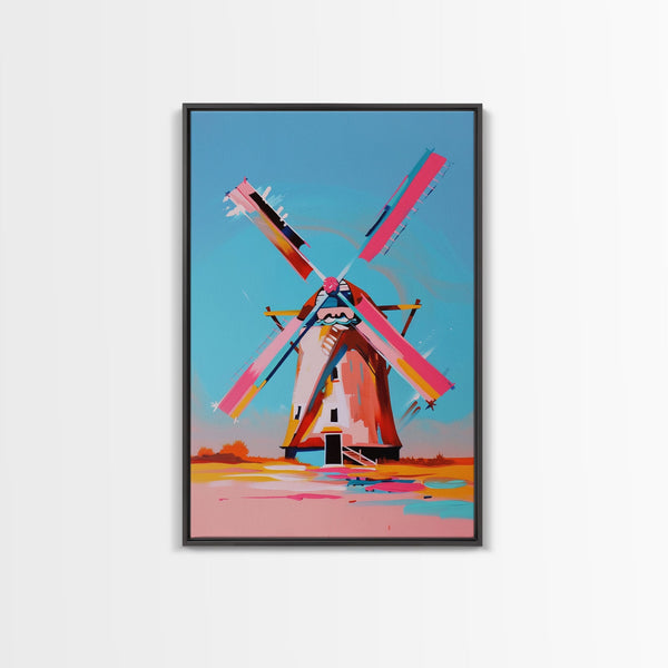 Playful Windmill Canvas Art - Framed Canvas Print, Modern Farmhouse Decor, Bright Windmill Wall Art, Vibrant Bedroom Artwork, photo 2 of 6