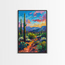 Framed Canvas Print, Cactus and Desert Path Wall Art, Vibrant Southwest Landscape for Living Room or Bedroom, Nature Art Poster Piece