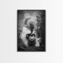 Steam Locomotive in the Forest Black and White Photography - Framed Canvas Print, Railroad Art, Vintage Train Wall Art for Home