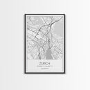 Zurich Street Map, Switzerland Map, Europe City Map Print, Minimalist Art, Wall Art, Canvas Print, Travel Art, Wall Hanging, Honeymoon Gift