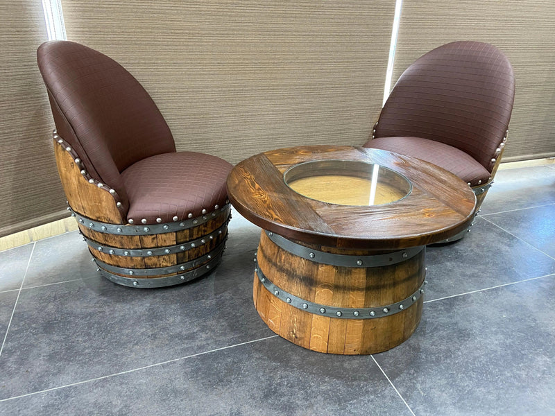 Wine Barrel Whiskey Barrel Full Round Coffee Table Set with 2 Chairs - Rustic Whiskey Barrel Furniture Set - Handmade Solid Oak - Free Shipping