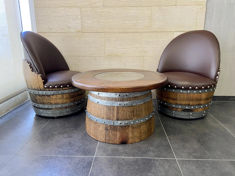 Wine Barrel Whiskey Barrel Full Round Coffee Table Set with 2 Chairs - Rustic Whiskey Barrel Furniture Set - Handmade Solid Oak - Free Shipping