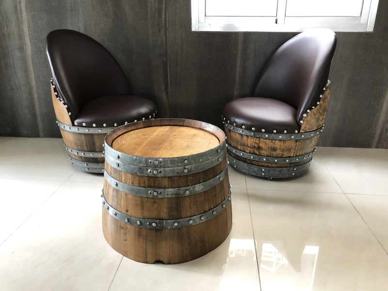 Wine Barrel Whiskey Barrel Round Coffee Table Set with 2 Chairs - Rustic Whiskey Barrel Furniture Set - Handmade Solid Oak - Free Shipping