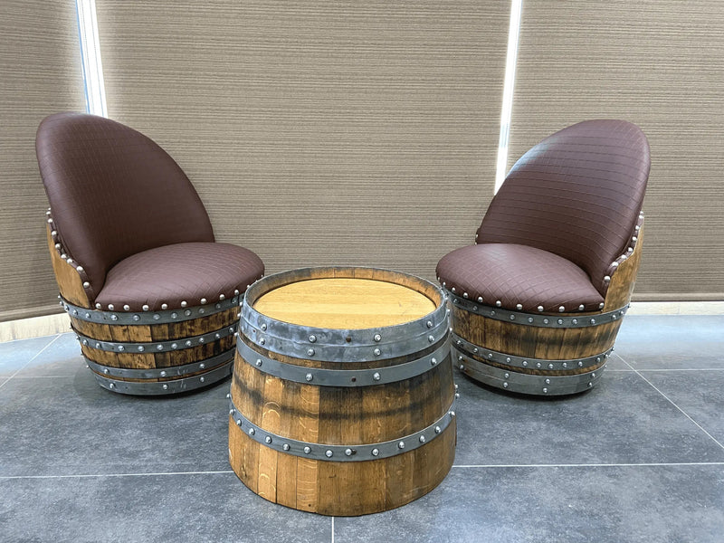 Wine Barrel Whiskey Barrel Round Coffee Table Set with 2 Chairs - Rustic Whiskey Barrel Furniture Set - Handmade Solid Oak - Free Shipping