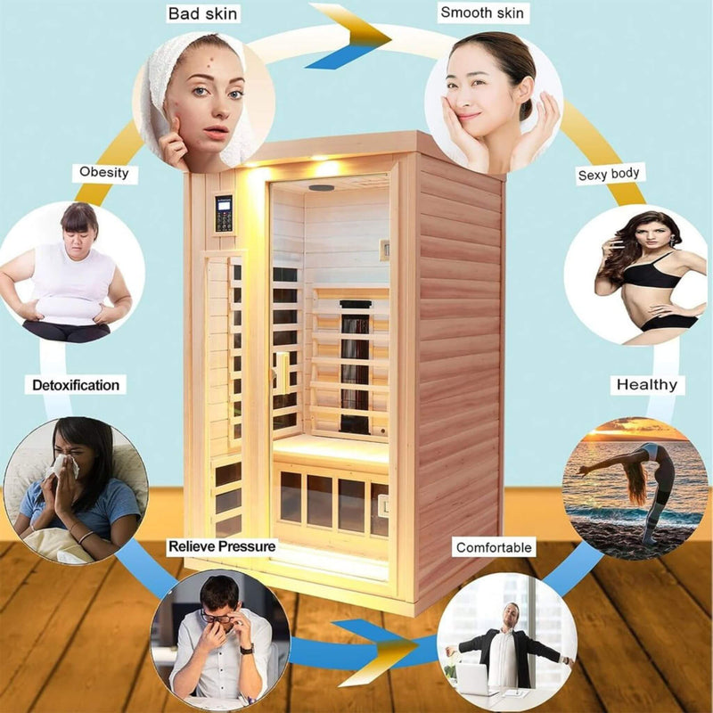 Premium 2-Person Low EMF FAR-Infrared Heat Wood Home Personal Spa Sauna With Ceramic Heaters, 1760W (SAK25714)
