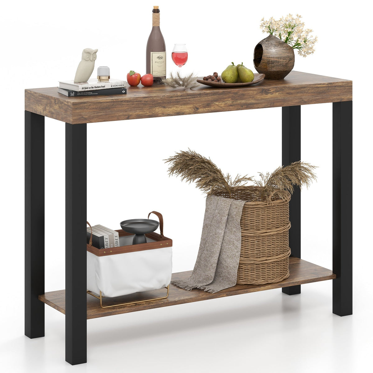 2-Tier Home Bar Table with Open Shelves and Storage for Home Kitchen Living Room Pub-Rustic Brown, photo 4 of 8