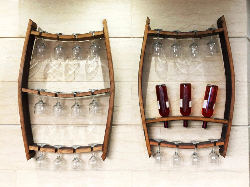 Wine Barrel Wall Mount Wine Rack Set - 2 Trio Pack Bottle & Glass Displays - Perfect Wine Barrel Decor for Wine Lovers