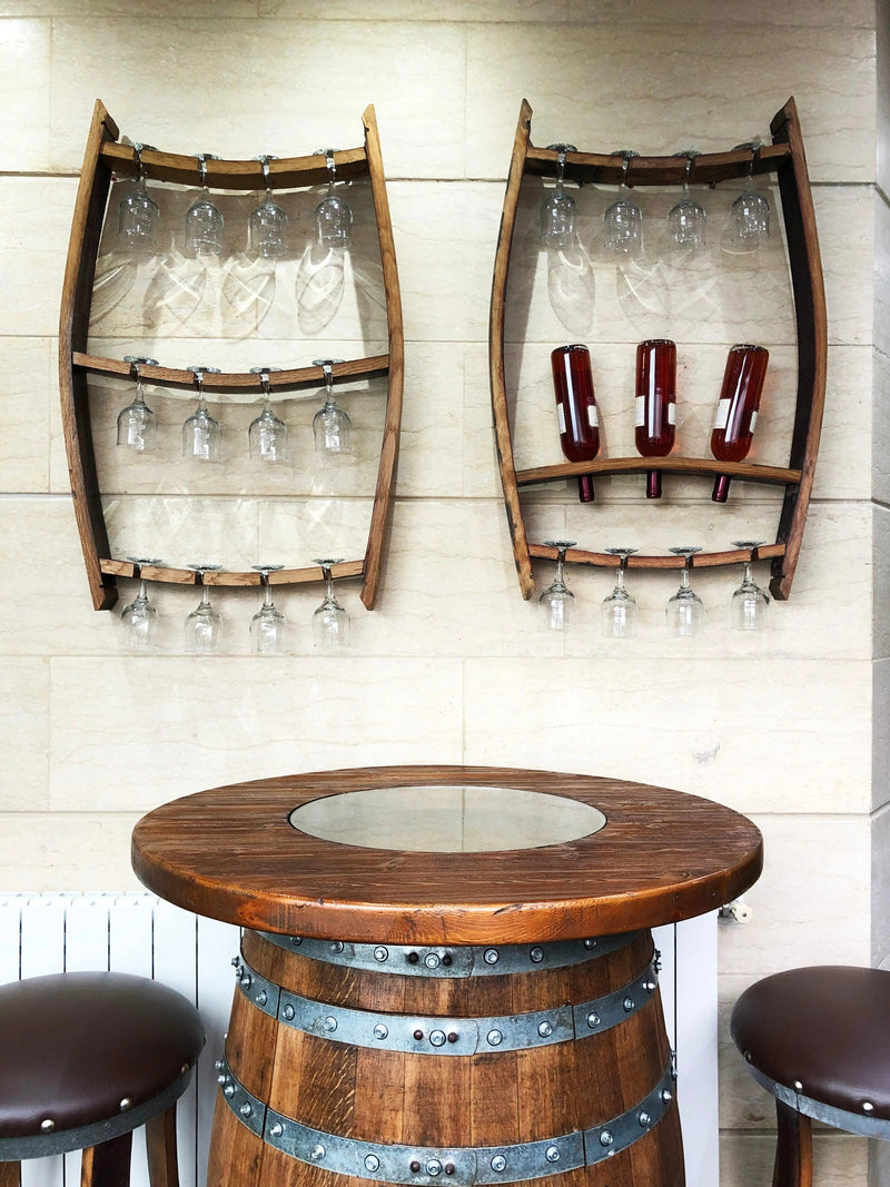 Wine Barrel Wall Mount Wine Rack Set - 2 Trio Pack Bottle & Glass Displays - Perfect Wine Barrel Decor for Wine Lovers