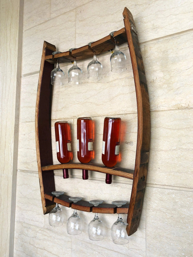 Wine Barrel Wall Mount Wine Rack Set - 2 Trio Pack Bottle & Glass Displays - Perfect Wine Barrel Decor for Wine Lovers