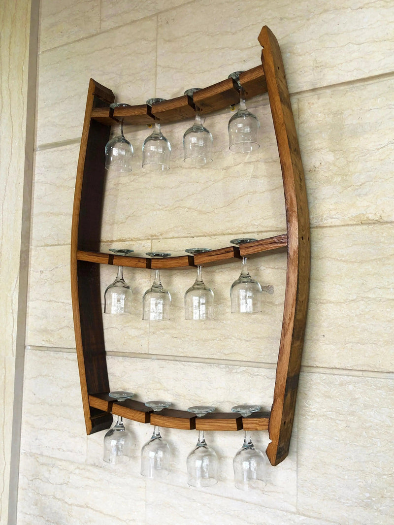 Wine Barrel Wall Mount Wine Rack Set - 2 Trio Pack Bottle & Glass Displays - Perfect Wine Barrel Decor for Wine Lovers