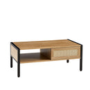 40.16" Rattan Coffee table, sliding door for storage, metal legs, Modern table for living room, natural