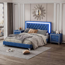 3-Pieces Bedroom Sets,Queen Size Upholstered Platform Bed with LED Lights and Two Nightstands-Blue