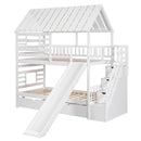 House Bunk Bed With Trundle, Storage Staircase, Roof And Window Design