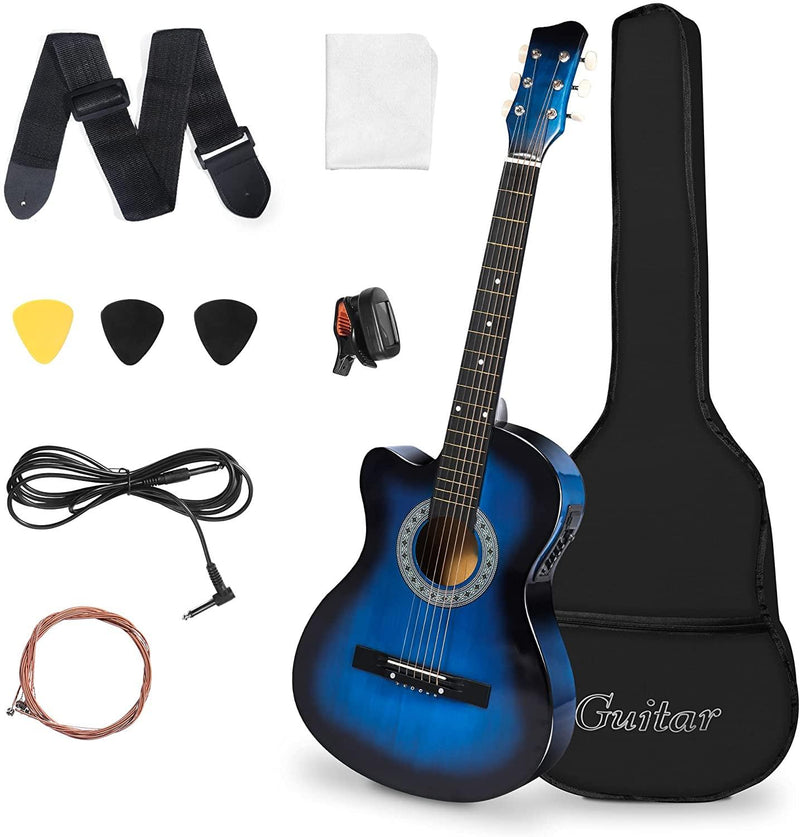 38" Acoustic Electric Guitar All wood Cutaway Beginner Guitar Package with 4-Band EQ Case, Strap, Picks, Tune