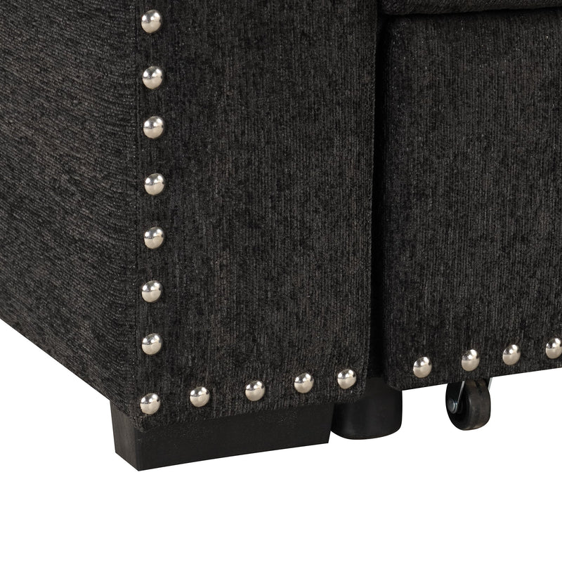 83.8" Reversible Sectional Pull-Out Sofa Bed L-Shaped Corner Sofa Couch with Storage Chaise, USB Ports, Power Sockets, Cup Holder for Living Room, Bedroom, Study, Black