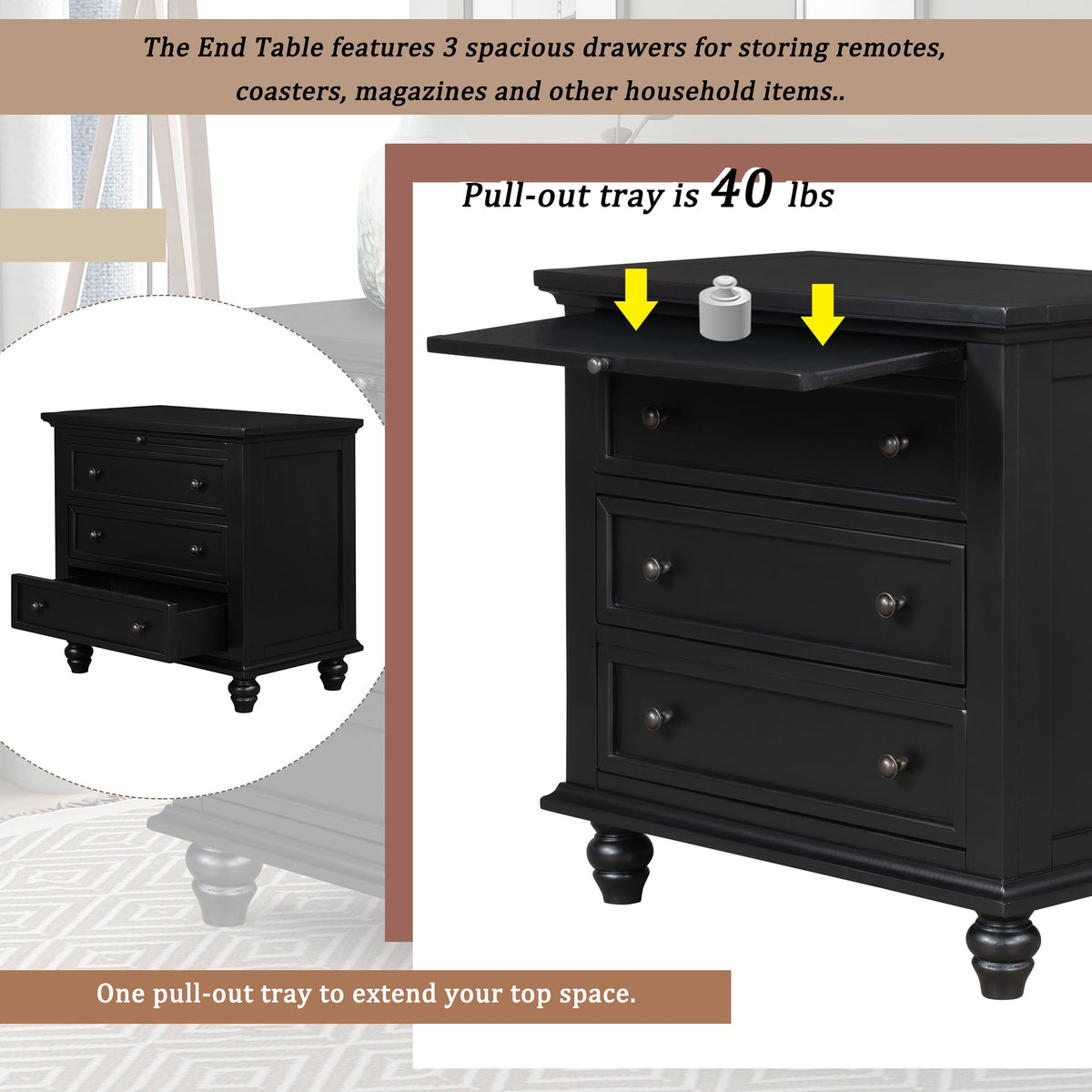 U_STYLE 27.6'' Painted Nightstand with Pull-Out Tray, photo 6 of 10
