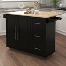 Kitchen Island with Spice Rack, Towel Rack and Extensible Solid Wood Top - Black