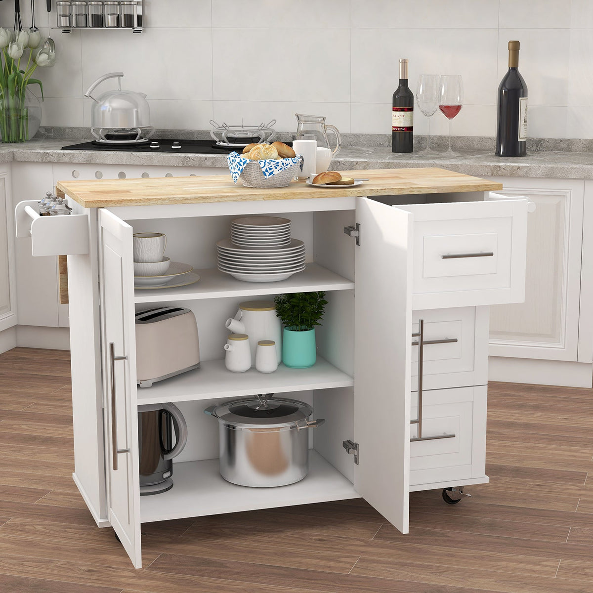 Kitchen Island with Spice Rack, Towel Rack and Extensible Solid Wood Table Top - White, photo 3 of 7
