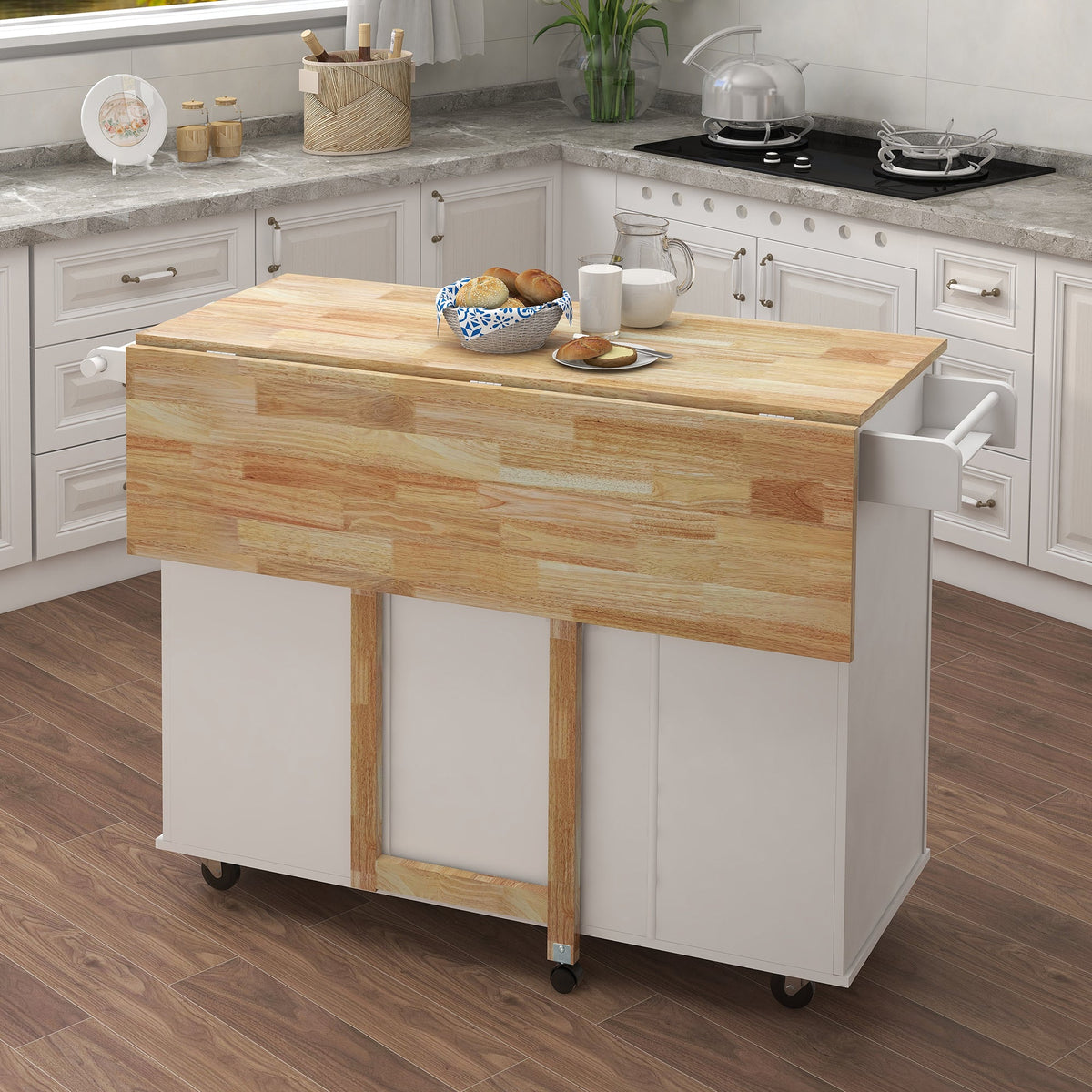 Kitchen Island with Spice Rack, Towel Rack and Extensible Solid Wood Table Top - White, photo 5 of 7