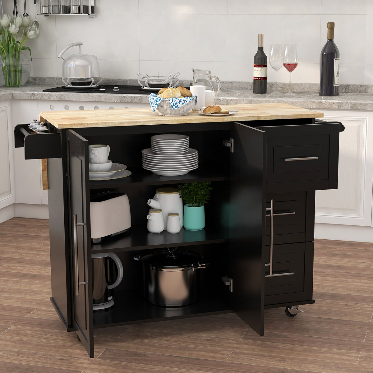 Kitchen Island with Spice Rack, Towel Rack and Extensible Solid Wood Top - Black, photo 3 of 6