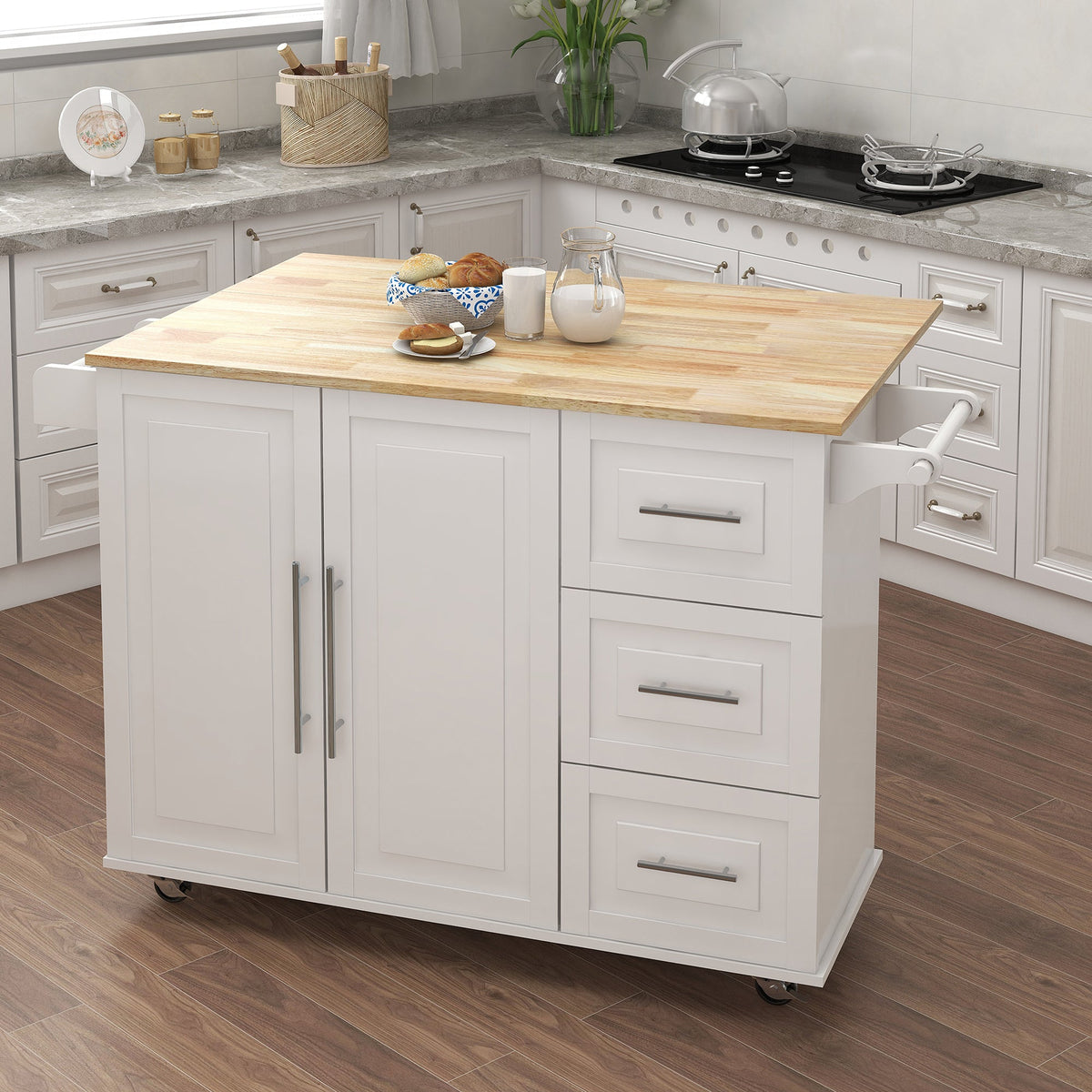 Kitchen Island with Spice Rack, Towel Rack and Extensible Solid Wood Table Top - White, photo 2 of 7