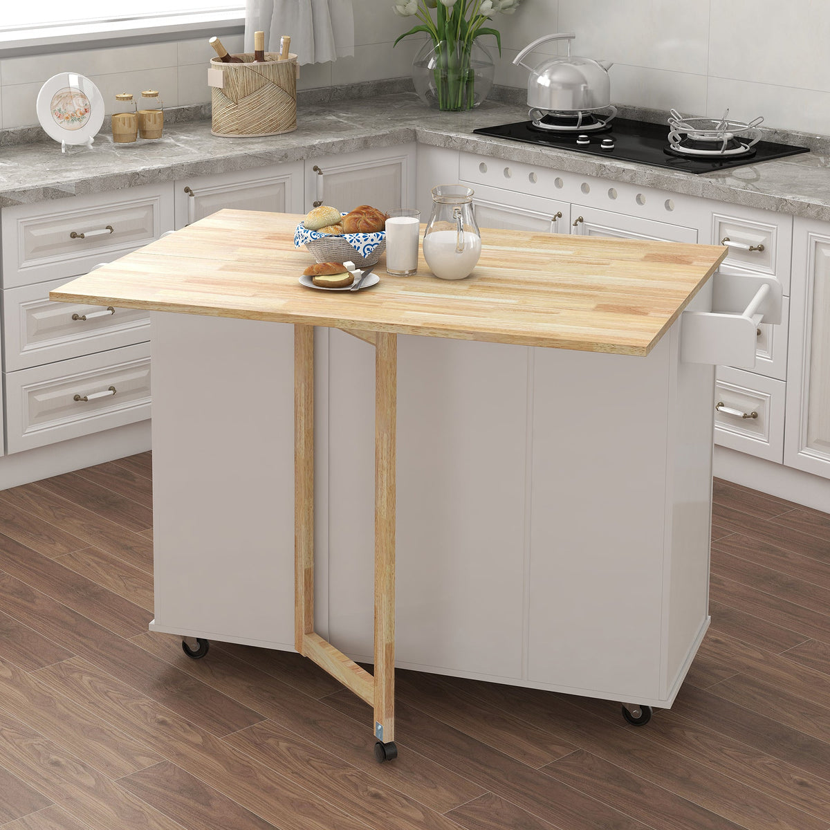 Kitchen Island with Spice Rack, Towel Rack and Extensible Solid Wood Table Top - White, photo 4 of 7