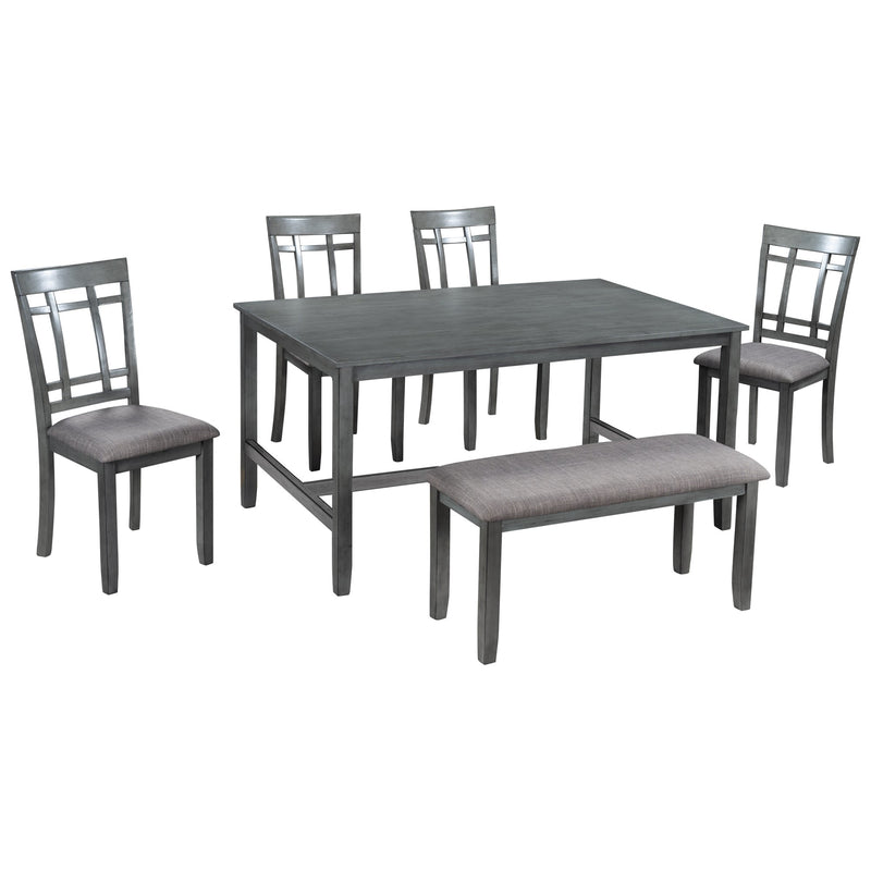 6 Piece Wooden Dining Table set, Kitchen Table set with 4 Chairs and Bench, Farmhouse Rustic Style,Gray