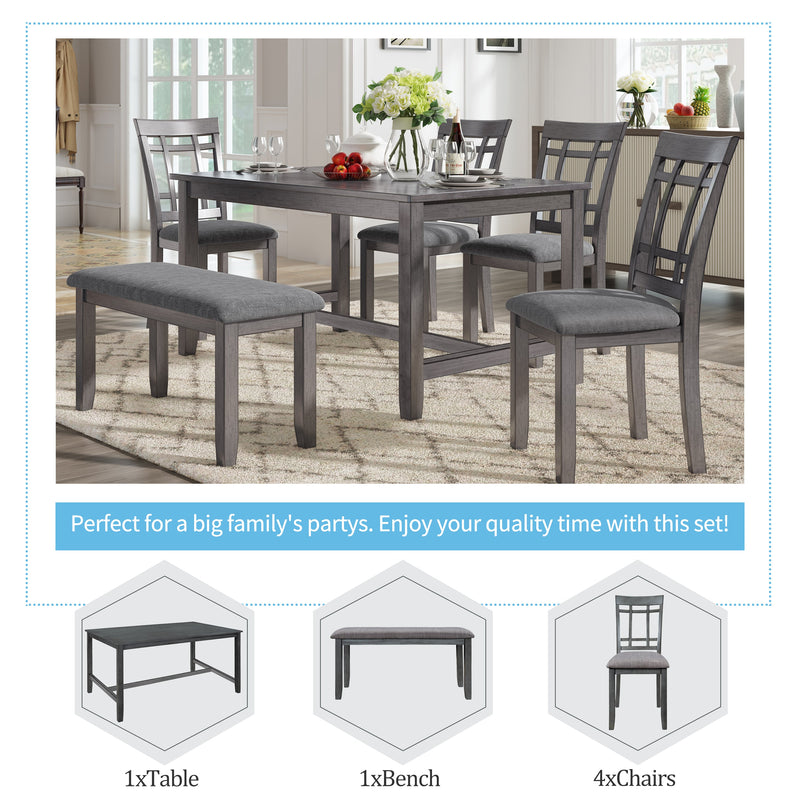 6 Piece Wooden Dining Table set, Kitchen Table set with 4 Chairs and Bench, Farmhouse Rustic Style,Gray