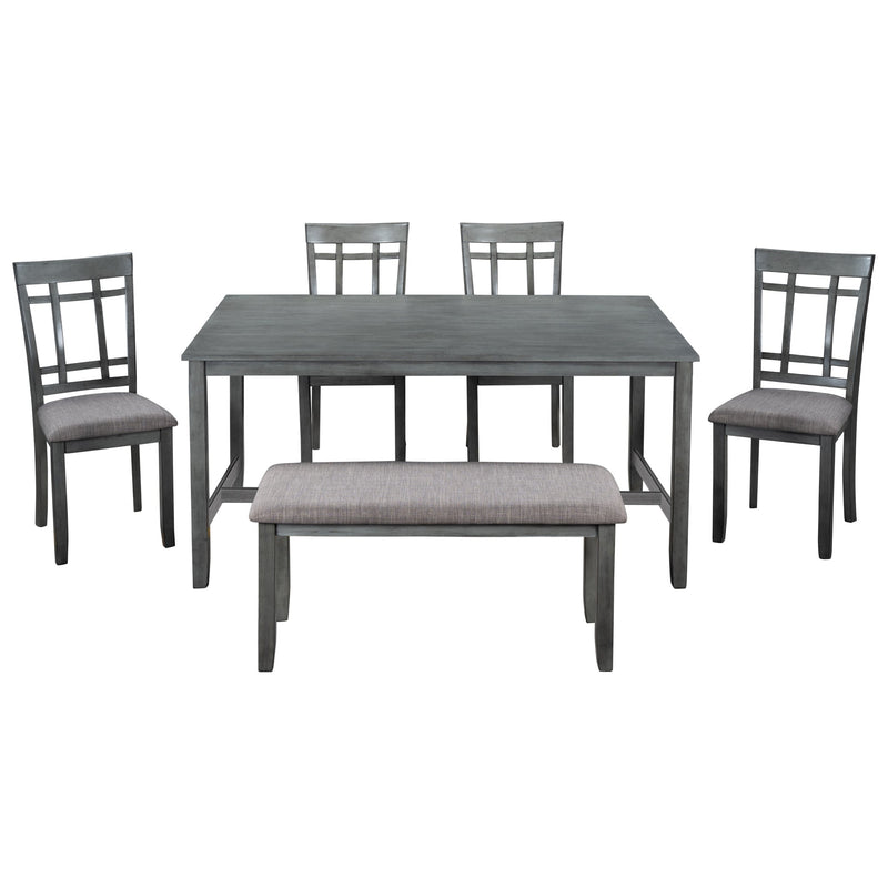 6 Piece Wooden Dining Table set, Kitchen Table set with 4 Chairs and Bench, Farmhouse Rustic Style,Gray